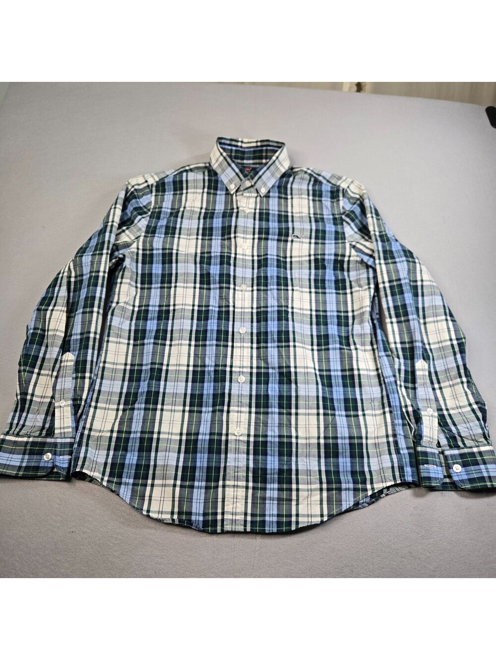 Vineyard Vines Shirt Mens Medium Blue White Check Slim Fit Whale Linen Cotton